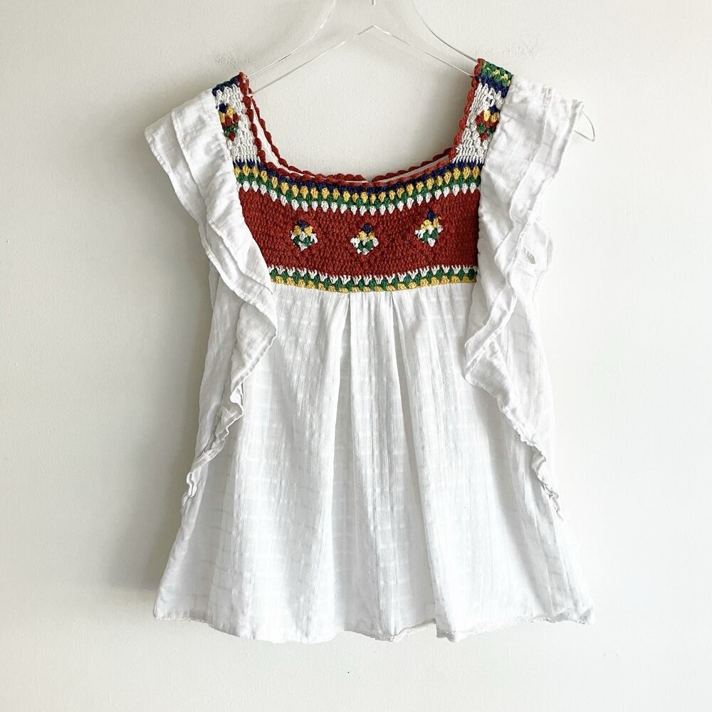 Zara Kids 13-14 Crochet Top 100% Cotton White Flutter Short Sleeve